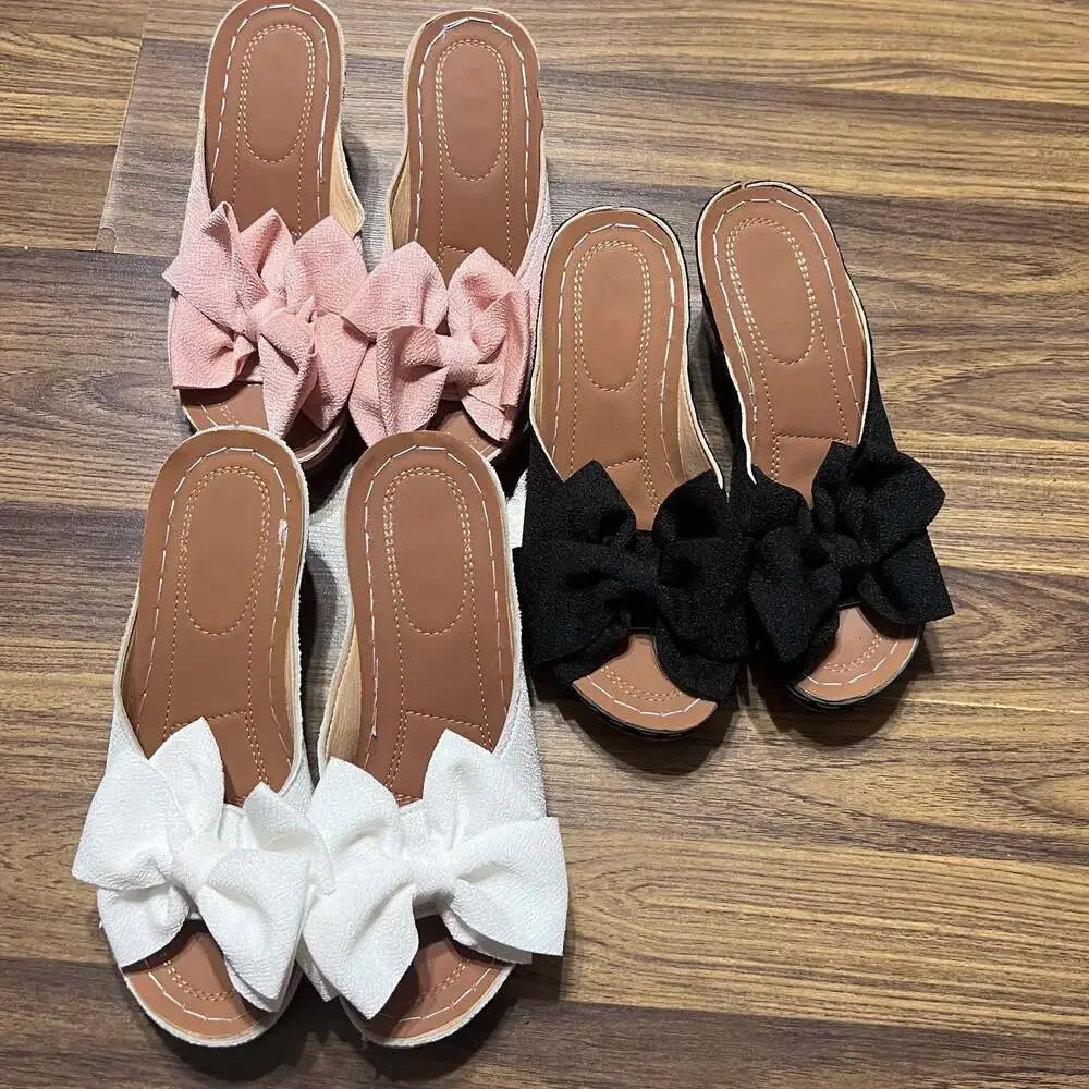 Lot of 3 Pairs Women's Bowknot Embellished Wedge Slide Sandals in Pink, Black, a